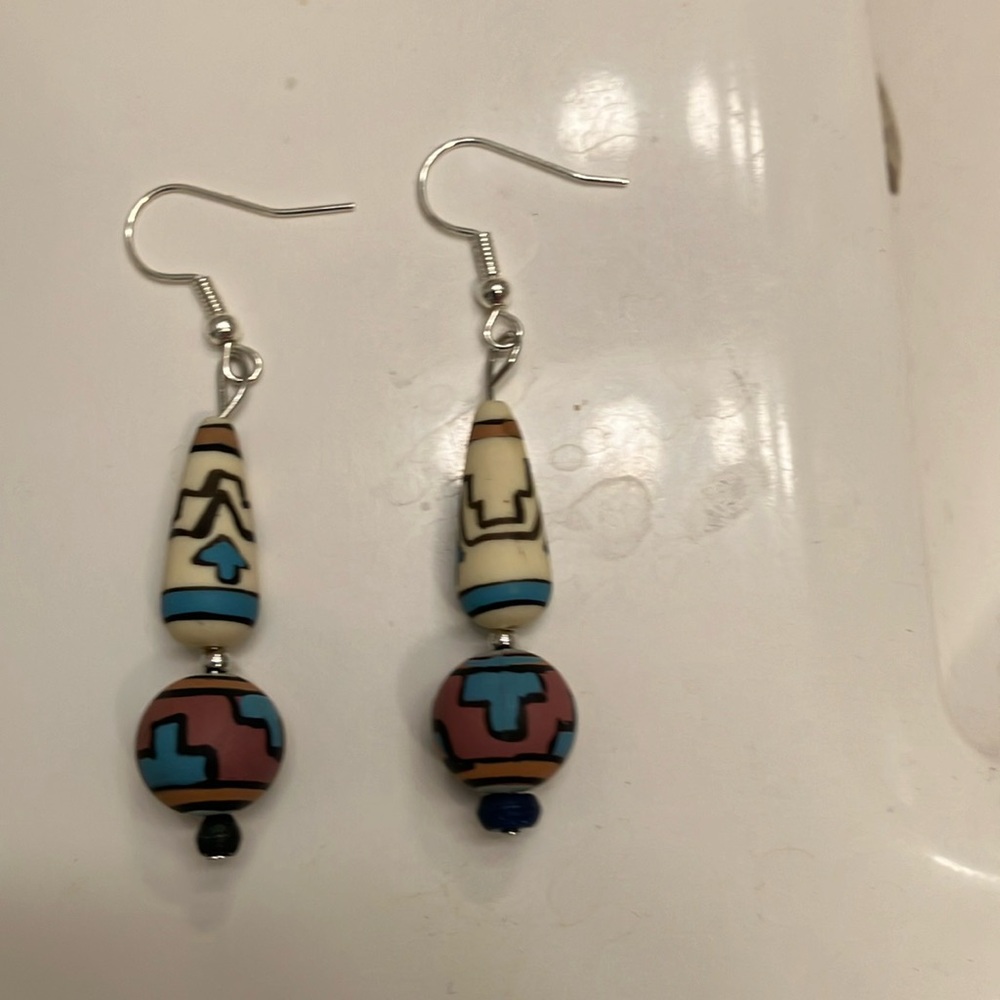 Painted Native American style clay beads with silver accents earrings.